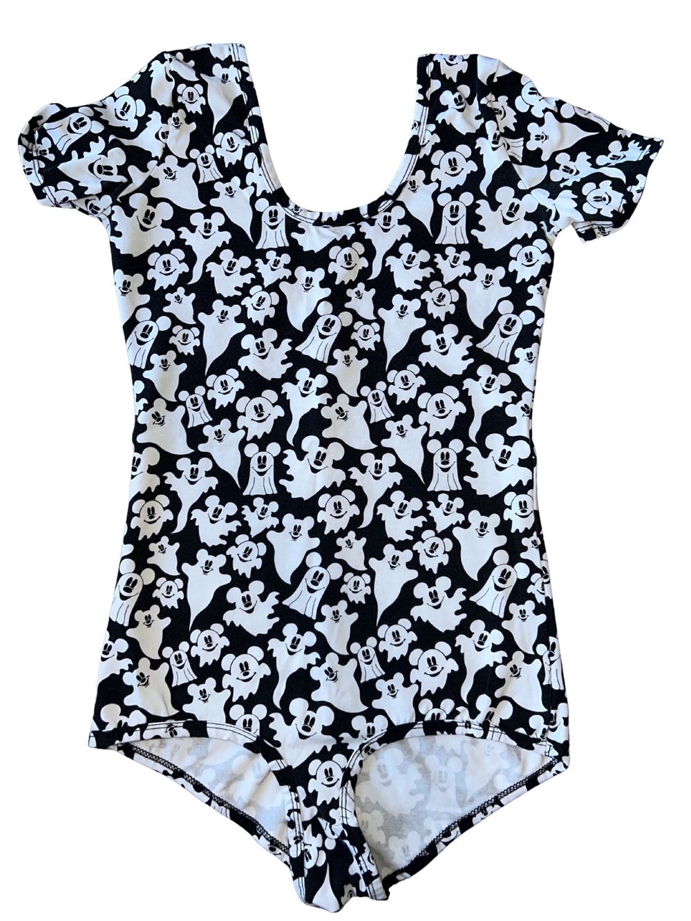 Wild Rich Kids Black & White Mickey Ghost Print Short Sleeve Leotard